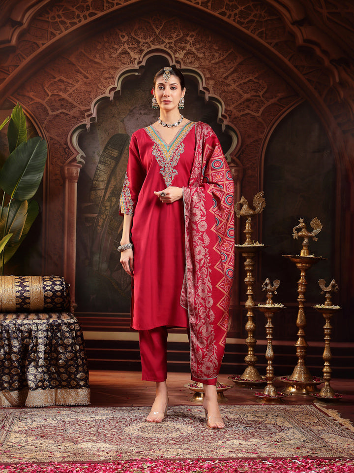 Pink Solid &amp; Embroidered Silk Straight Kurta Pant Dupatta Set
