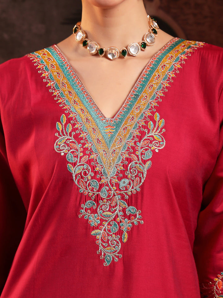 Pink Solid &amp; Embroidered Silk Straight Kurta Pant Dupatta Set