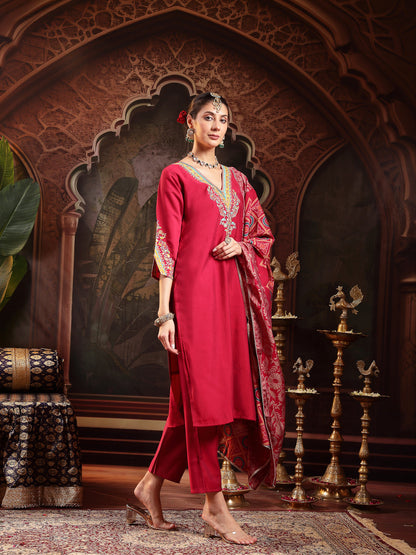 Pink Solid & Embroidered Silk Straight Kurta Pant Dupatta Set