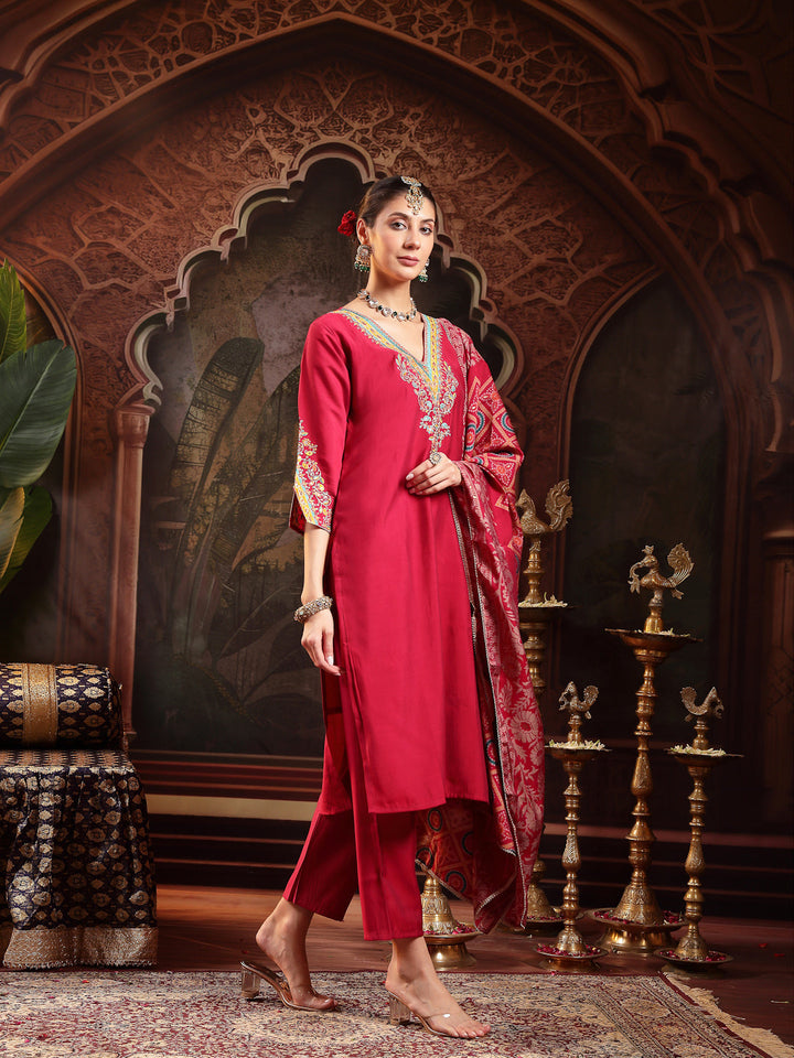 Pink Solid &amp; Embroidered Silk Straight Kurta Pant Dupatta Set