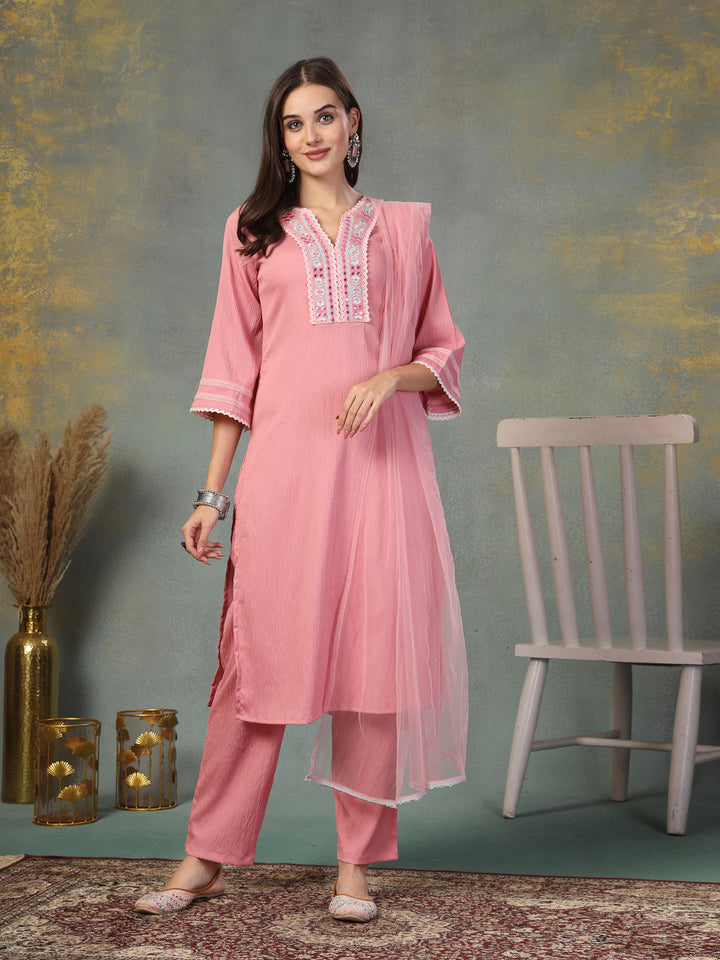 Pink Solid &amp; Embroidered Italian Crush Straight Kurta Pant Dupatta Set