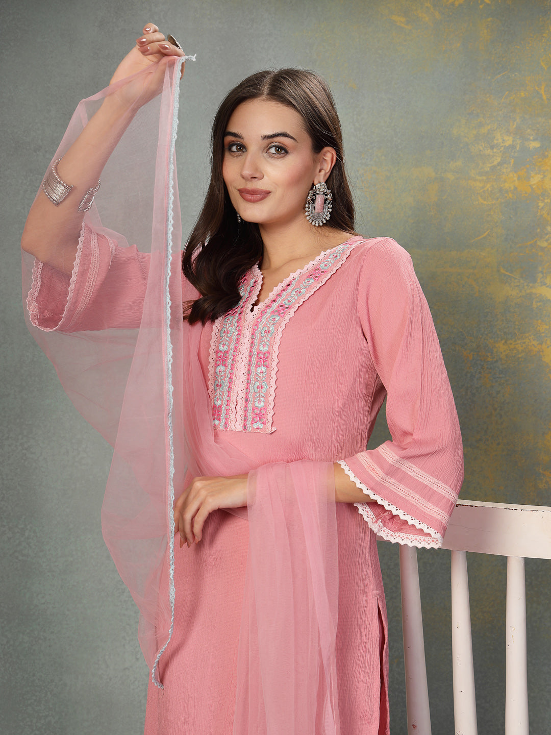 Pink Solid &amp; Embroidered Italian Crush Straight Kurta Pant Dupatta Set