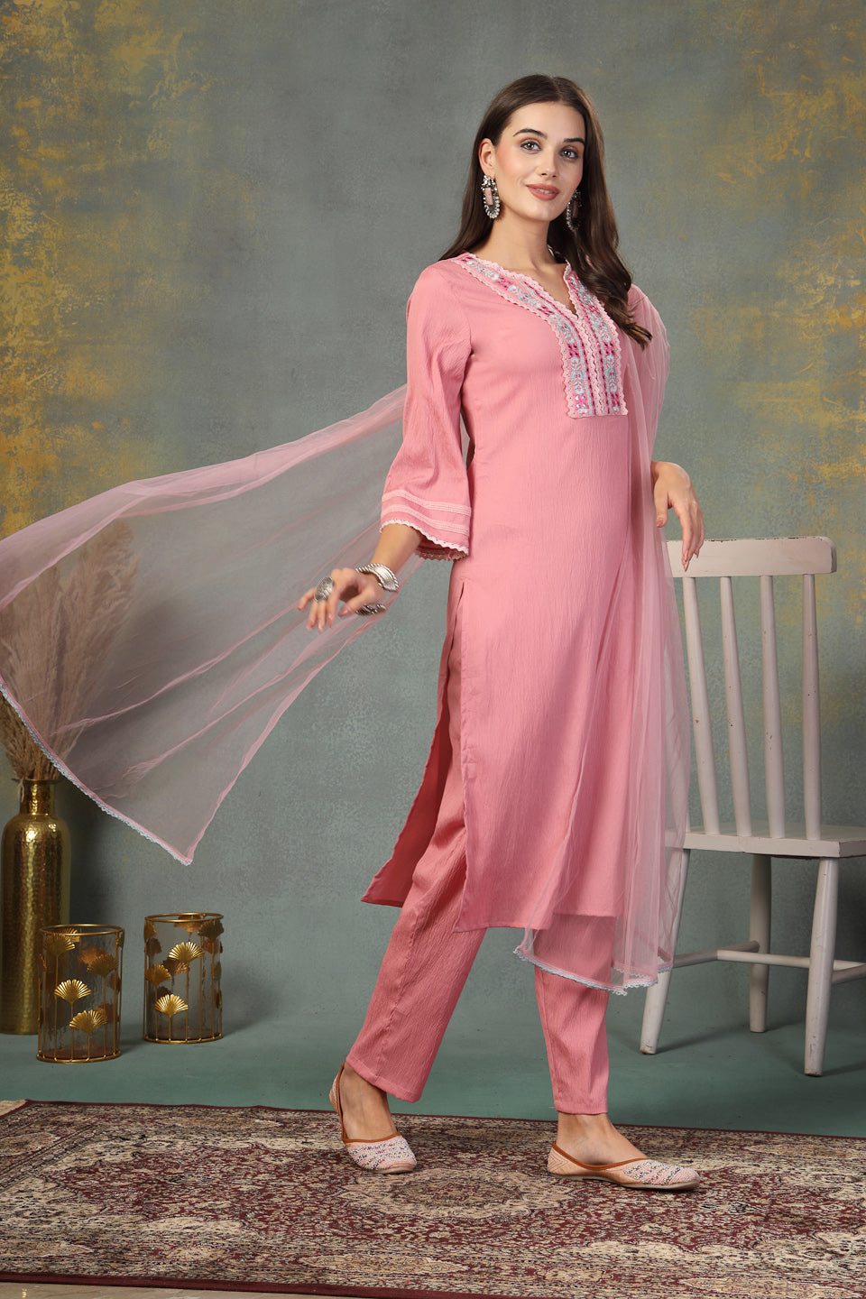 Pink Solid &amp; Embroidered Italian Crush Straight Kurta Pant Dupatta Set