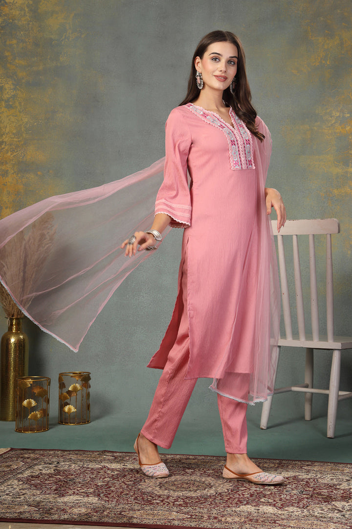 Pink Solid &amp; Embroidered Italian Crush Straight Kurta Pant Dupatta Set