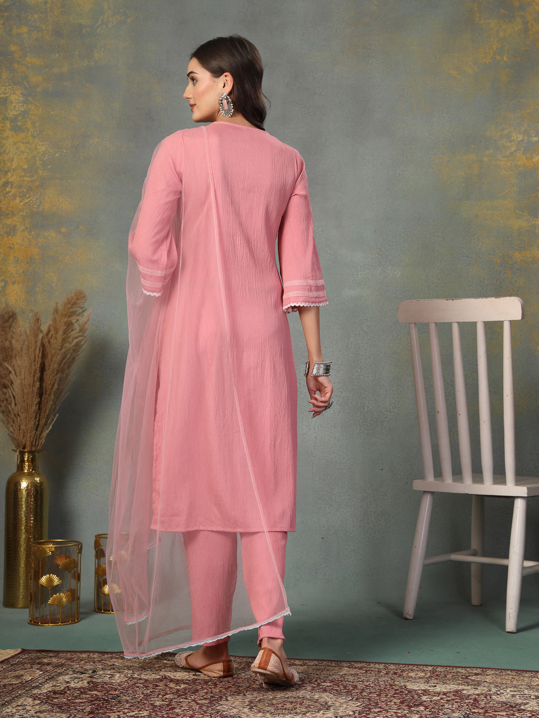 Pink Solid &amp; Embroidered Italian Crush Straight Kurta Pant Dupatta Set
