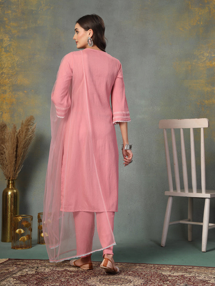 Pink Solid &amp; Embroidered Italian Crush Straight Kurta Pant Dupatta Set