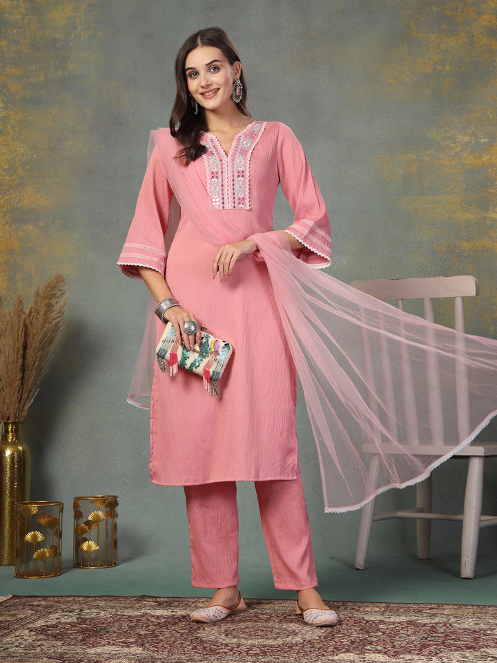 Pink Solid &amp; Embroidered Italian Crush Straight Kurta Pant Dupatta Set