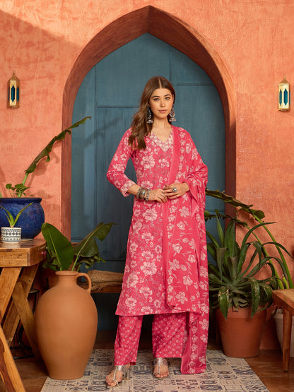 Floral Printed Cotton Straight Kurta Pant Dupatta Set