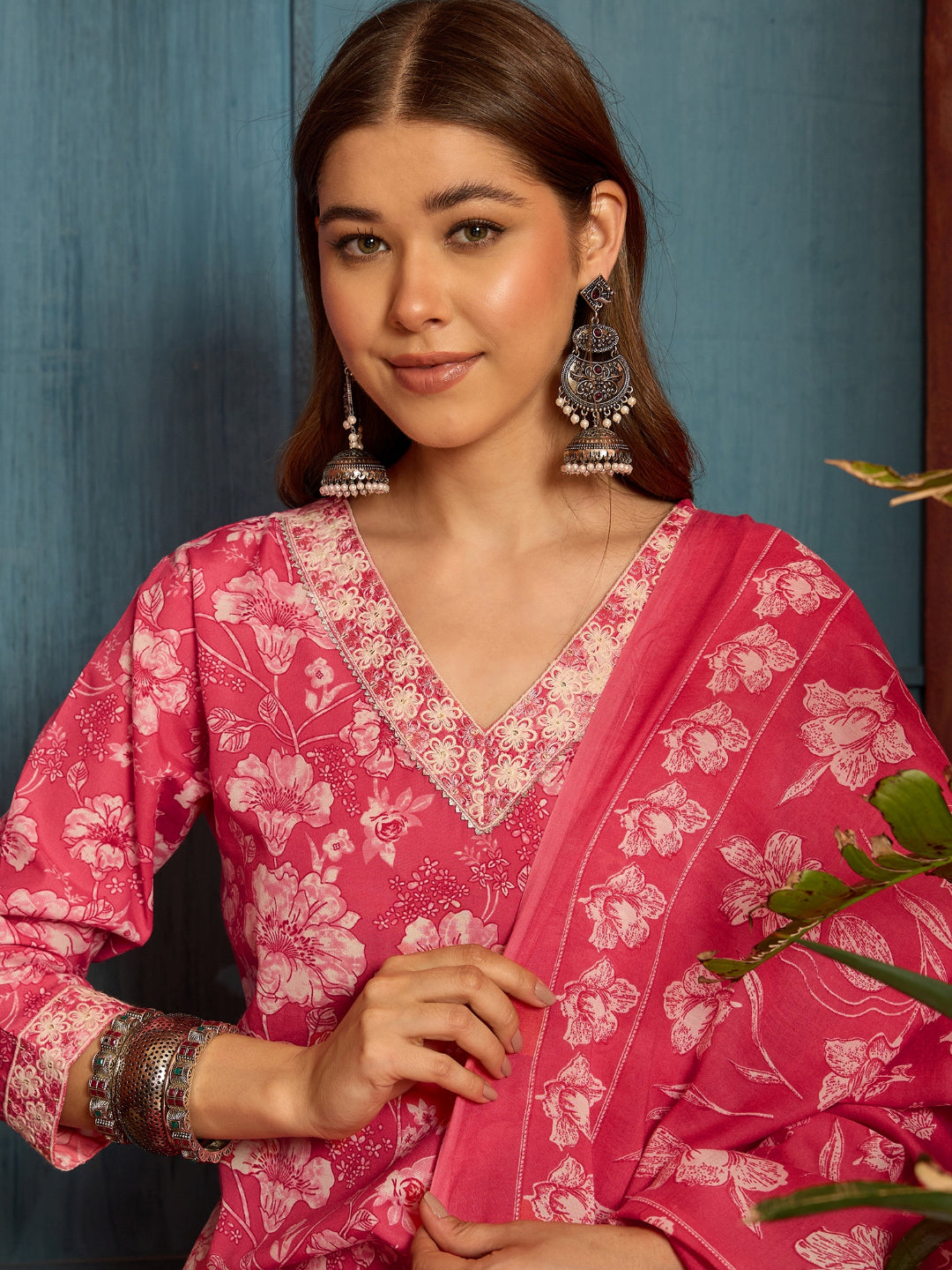 Floral Printed Cotton Straight Kurta Pant Dupatta Set