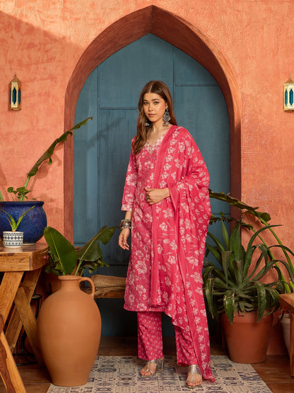 Floral Printed Cotton Straight Kurta Pant Dupatta Set