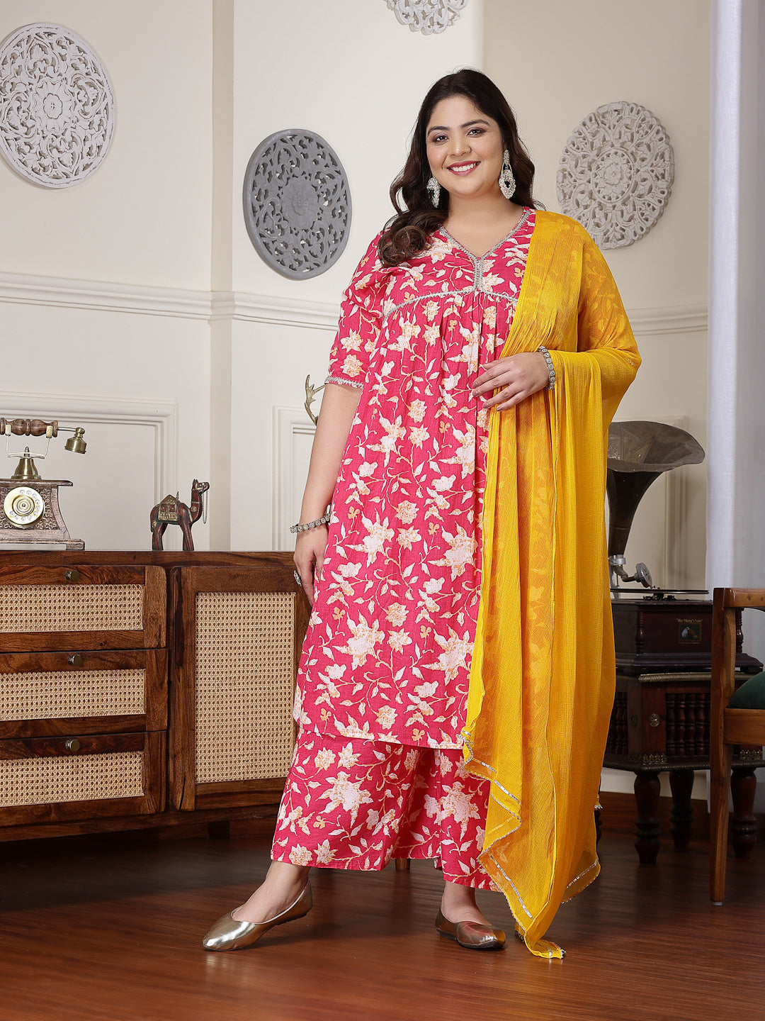 Plus Size Floral Printed Cotton Pleated Kurta Palazzo Dupatta Set (Pre-Order)