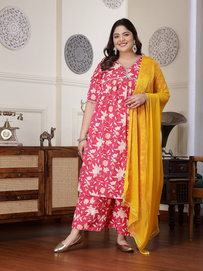 Plus Size Floral Printed Cotton Pleated Kurta Palazzo Dupatta Set (Pre-Order)