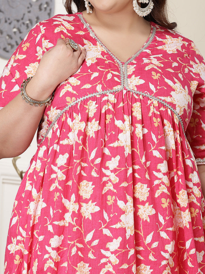 Plus Size Floral Printed Cotton Pleated Kurta Palazzo Dupatta Set