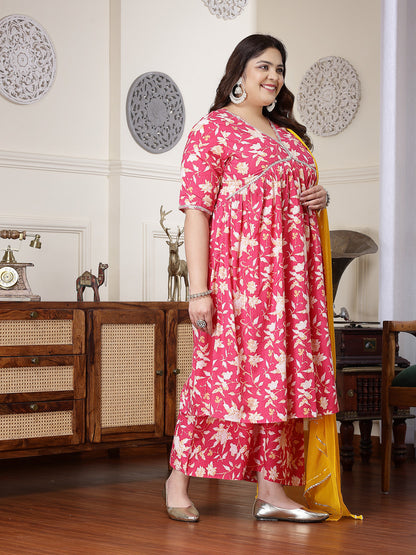 Plus Size Floral Printed Cotton Pleated Kurta Palazzo Dupatta Set (Pre-Order)
