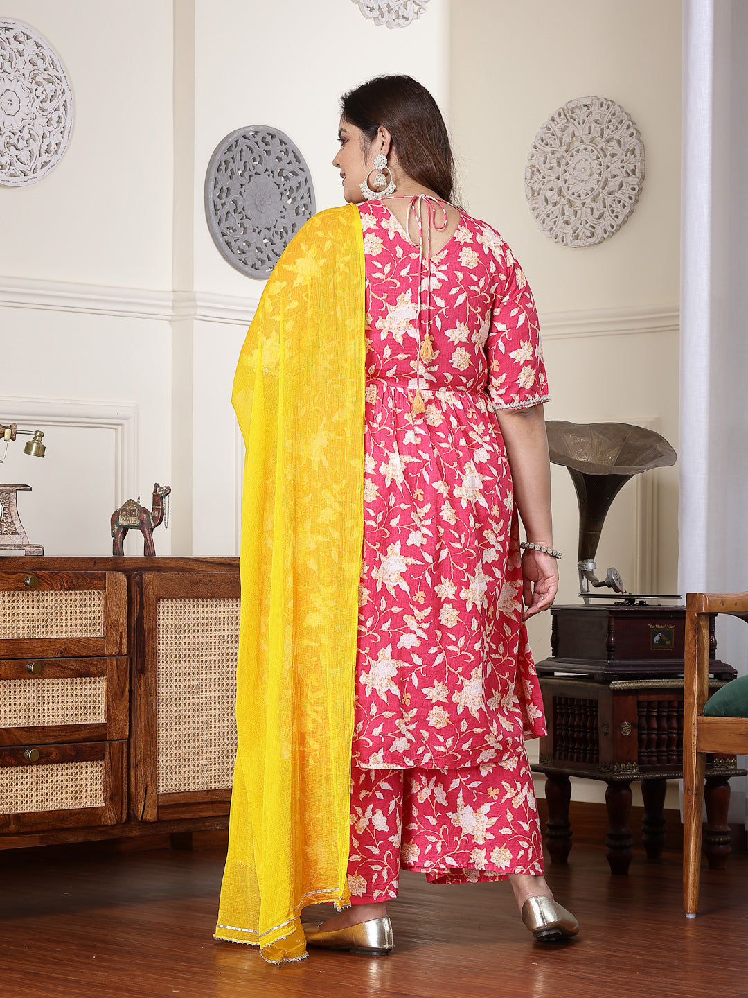 Plus Size Floral Printed Cotton Pleated Kurta Palazzo Dupatta Set (Pre-Order)