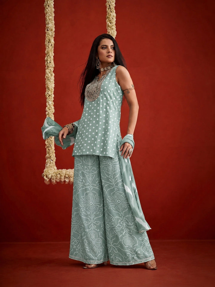 Bandhej Printed &amp; Embroidered Rayon Straight Short Kurti Palazzo Dupatta Set