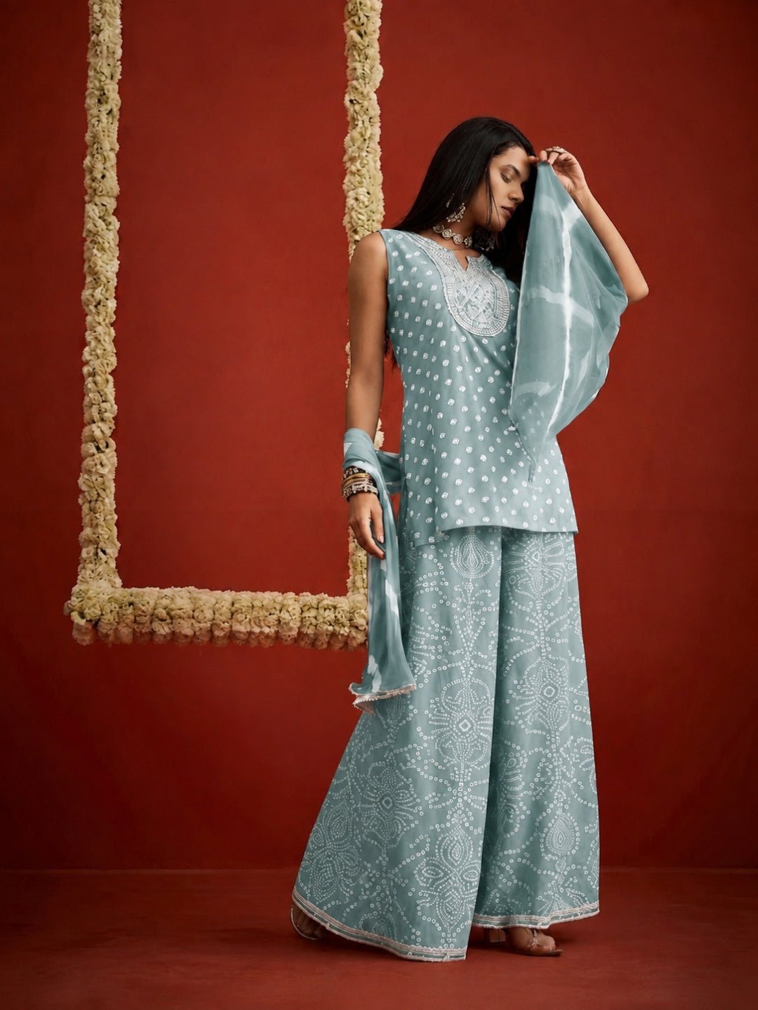 Bandhej Printed &amp; Embroidered Rayon Straight Short Kurti Palazzo Dupatta Set