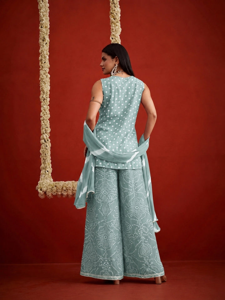 Bandhej Printed &amp; Embroidered Rayon Straight Short Kurti Palazzo Dupatta Set