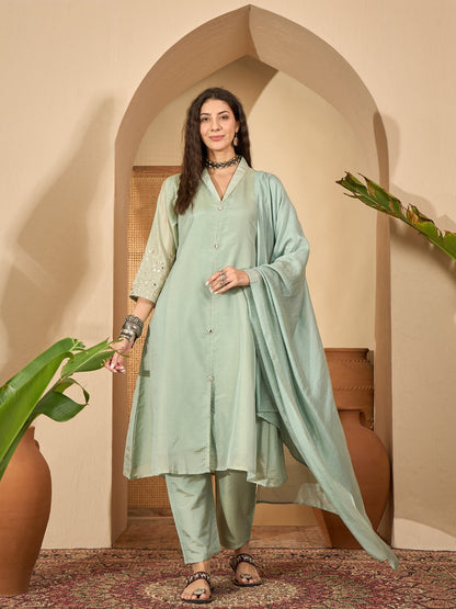 Solid Silk Blend A-Line Kurta Pant Dupatta Set