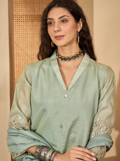 Solid Silk Blend A-Line Kurta Pant Dupatta Set