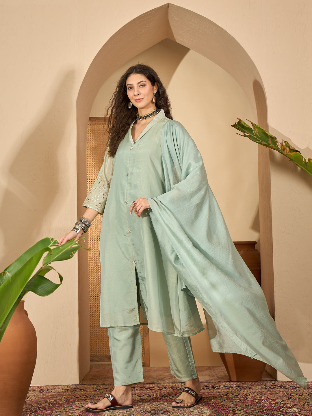 Solid Silk Blend A-Line Kurta Pant Dupatta Set