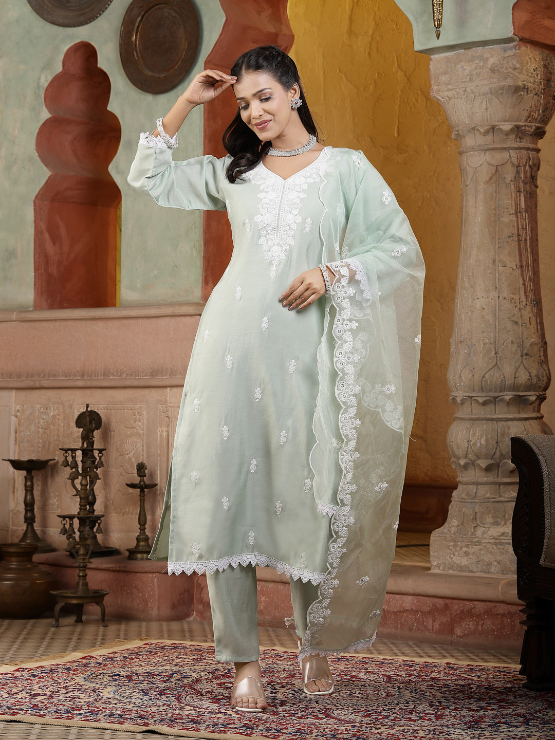 Pista Green Solid & Embroidered Silk Straight Kurta Pant Dupatta Set (Pre-Order)