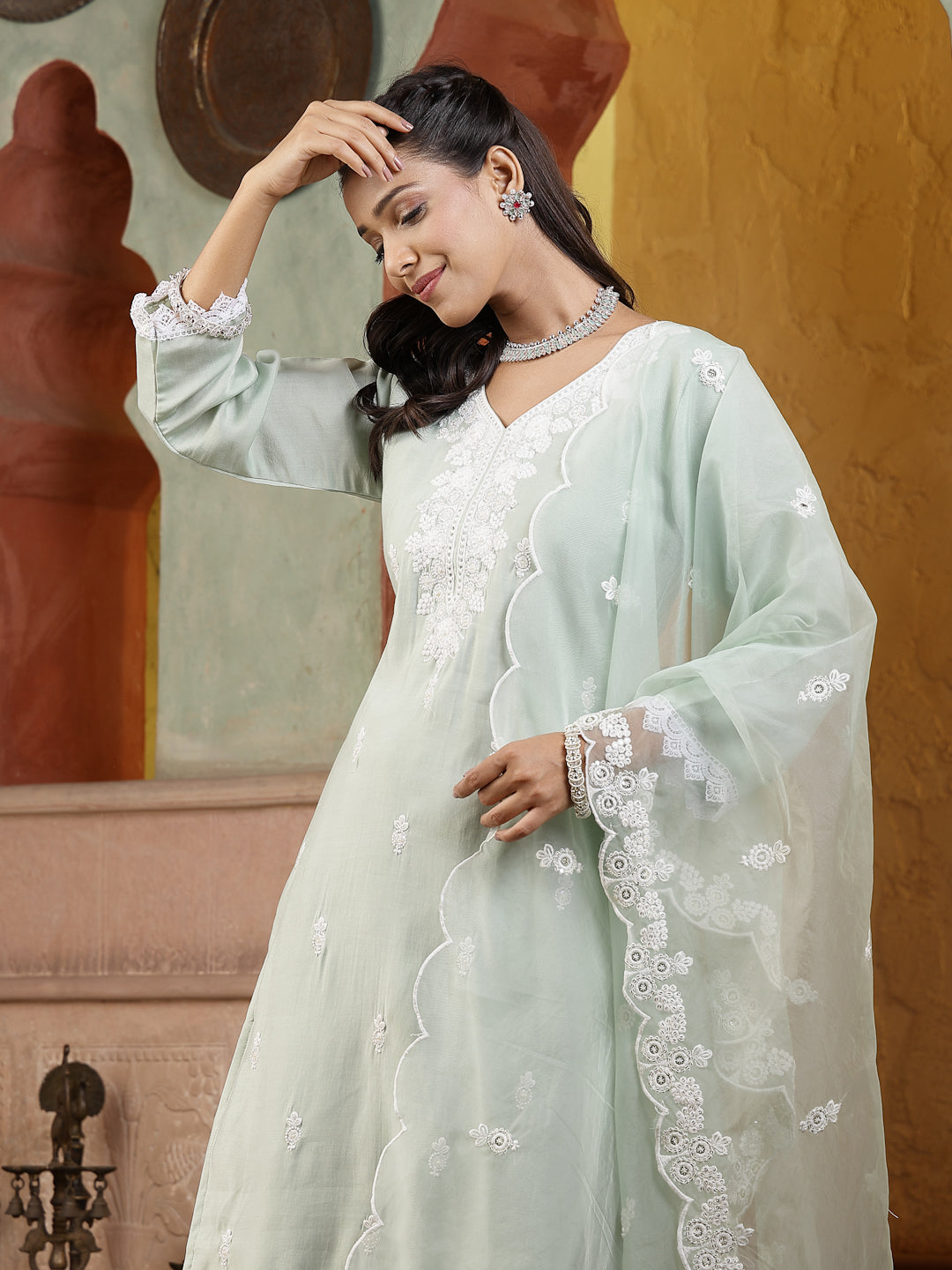 Pista Green Solid & Embroidered Silk Straight Kurta Pant Dupatta Set (Pre-Order)