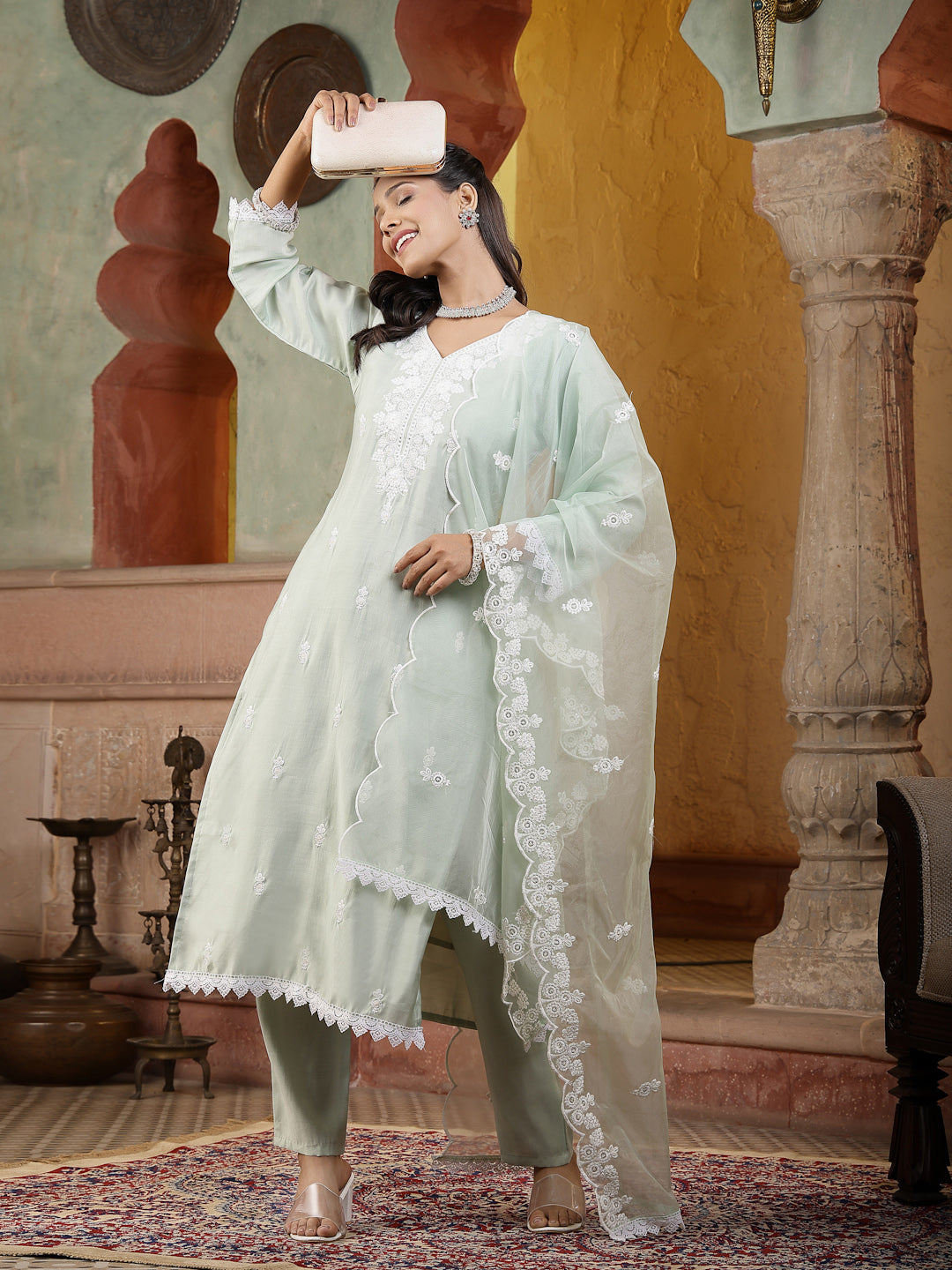 Pista Green Solid &amp; Embroidered Silk Straight Kurta Pant Dupatta Set