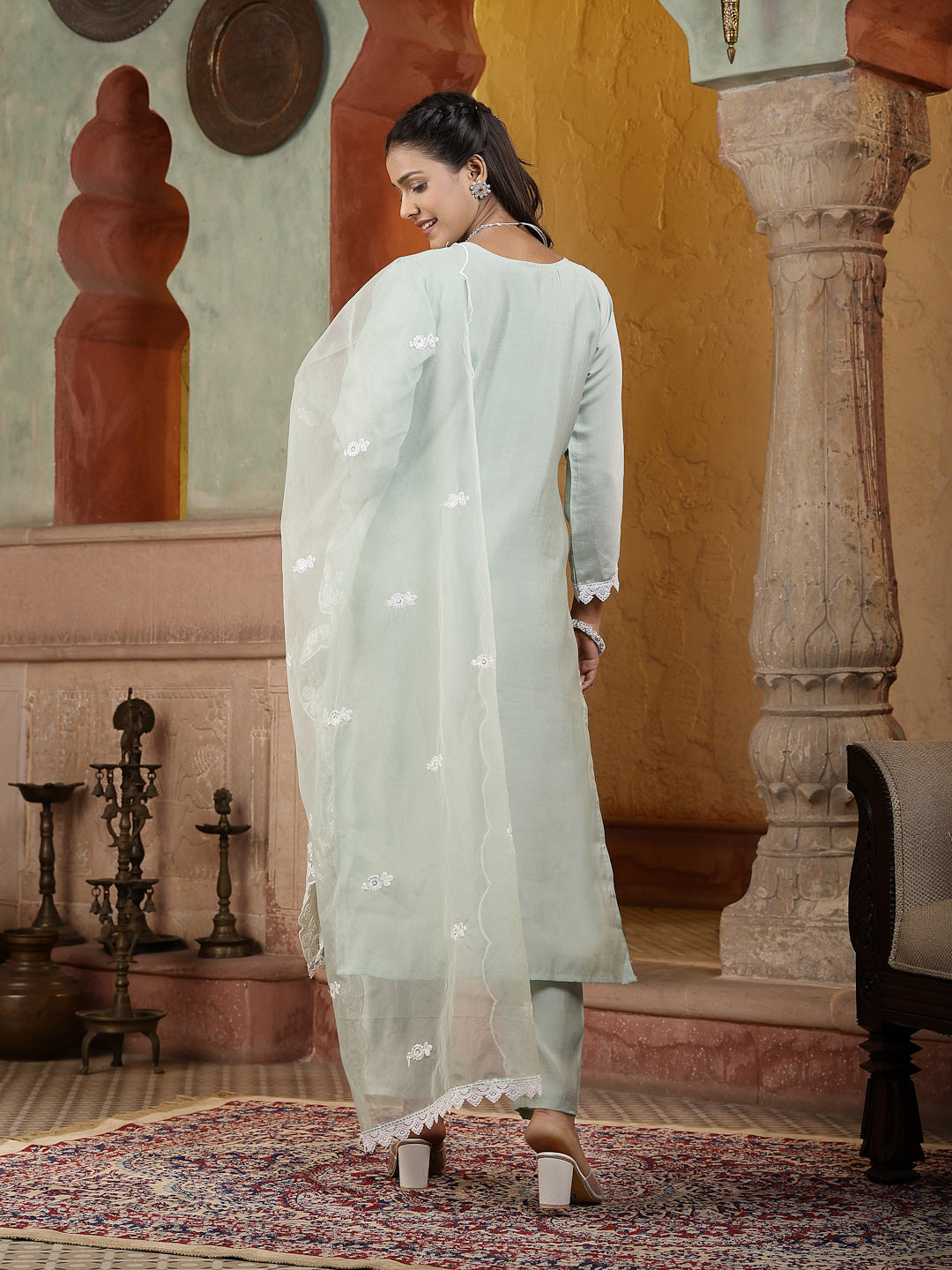 Pista Green Solid &amp; Embroidered Silk Straight Kurta Pant Dupatta Set
