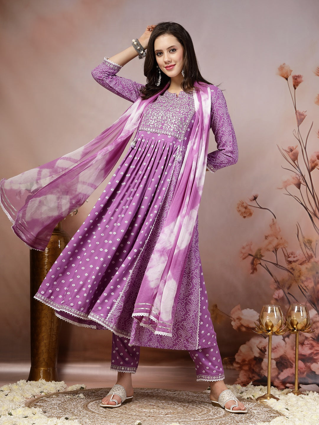 Purple Bandhej Printed Rayon Flared Kurta Pant Dupatta Set (Pre-Order)