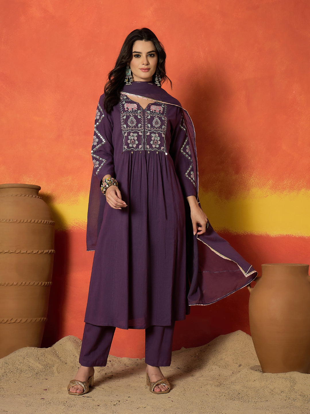 Solid &amp; Embroidered Pure Cotton A-Line Kurta Pant Dupatta Set