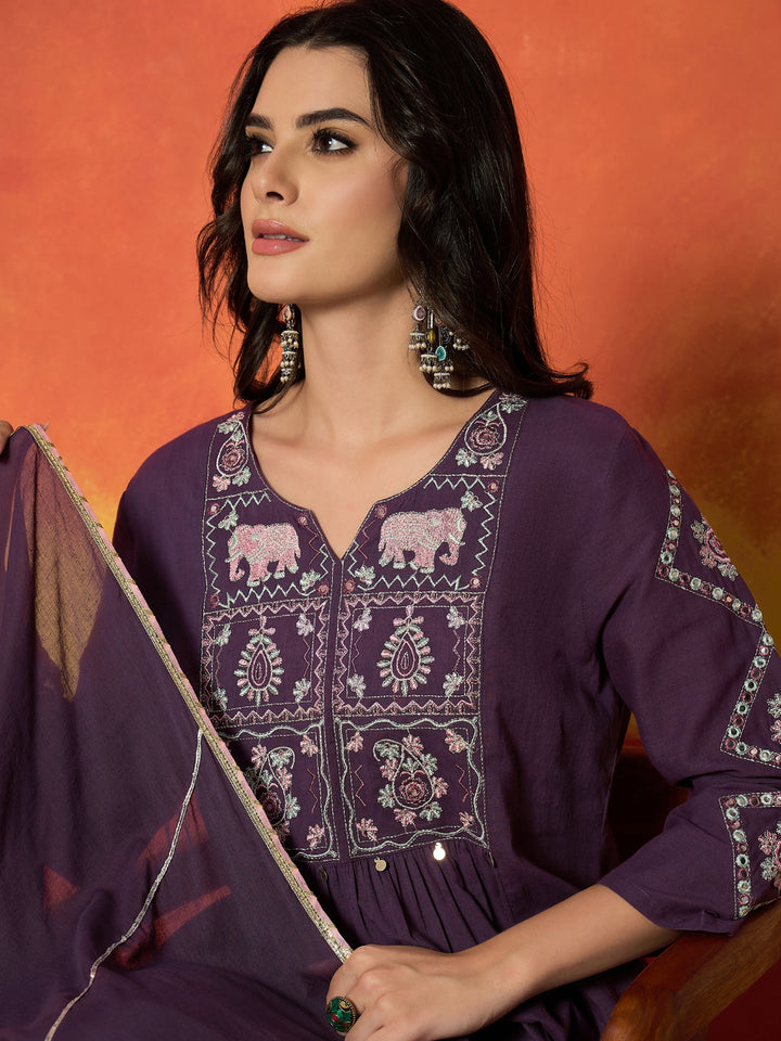 Solid &amp; Embroidered Pure Cotton A-Line Kurta Pant Dupatta Set