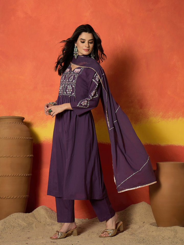 Solid &amp; Embroidered Pure Cotton A-Line Kurta Pant Dupatta Set