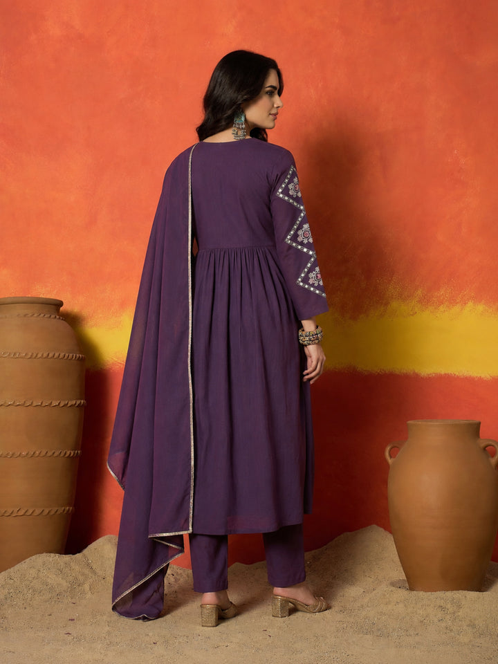Solid &amp; Embroidered Pure Cotton A-Line Kurta Pant Dupatta Set