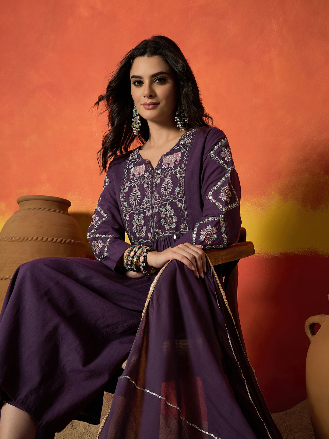 Solid &amp; Embroidered Pure Cotton A-Line Kurta Pant Dupatta Set