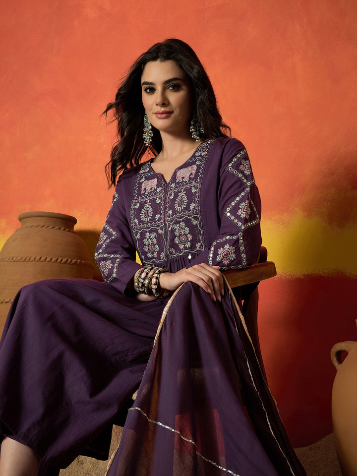 Solid &amp; Embroidered Pure Cotton A-Line Kurta Pant Dupatta Set