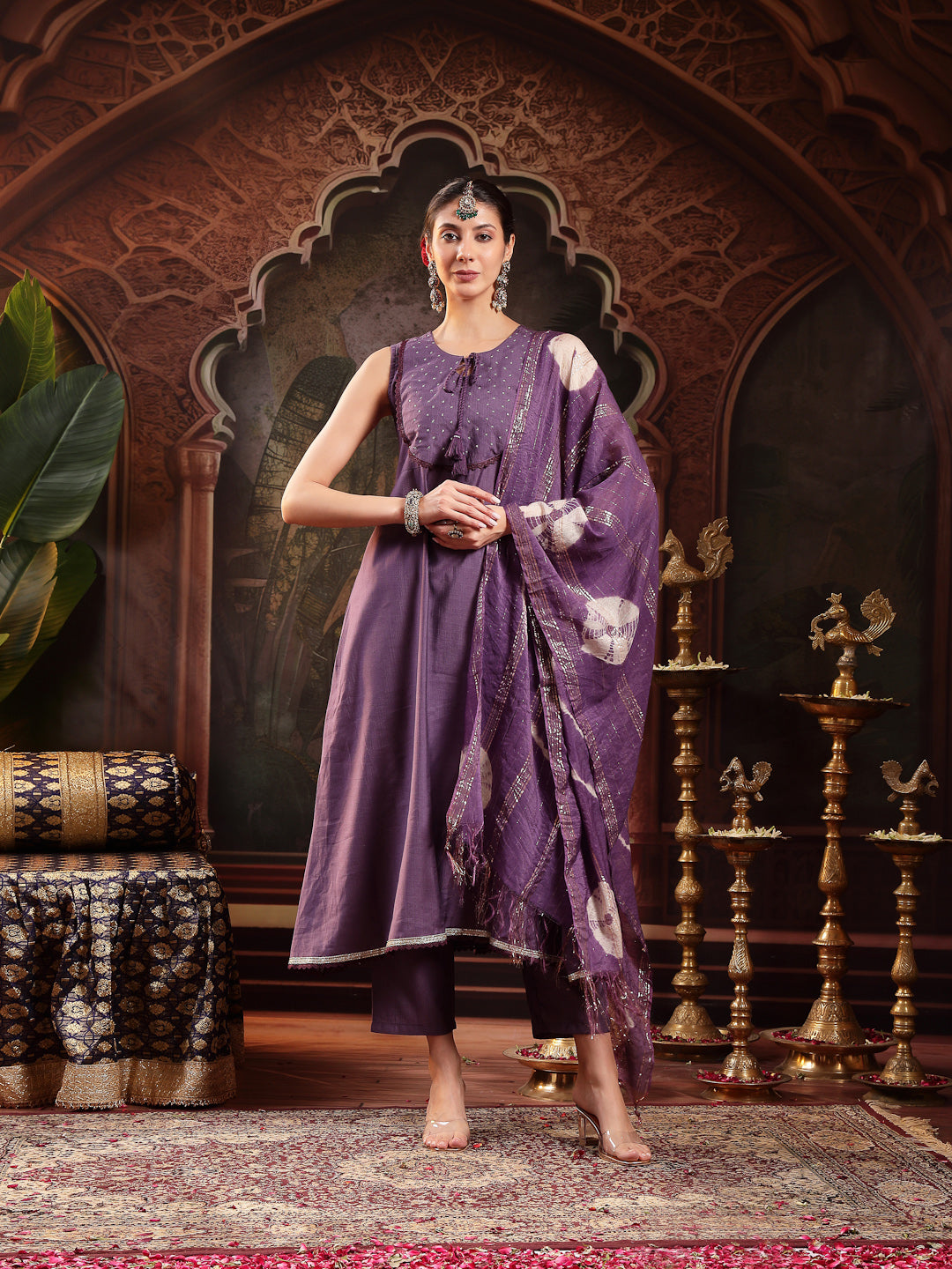Purple Solid & Embroidered Silk Blend A-Line Kurta Pant Dupatta Set