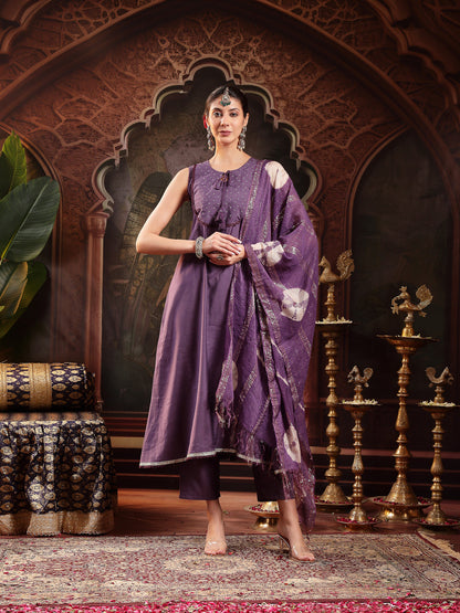 Purple Solid & Embroidered Silk Blend A-Line Kurta Pant Dupatta Set