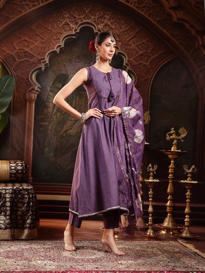 Purple Solid & Embroidered Silk Blend A-Line Kurta Pant Dupatta Set