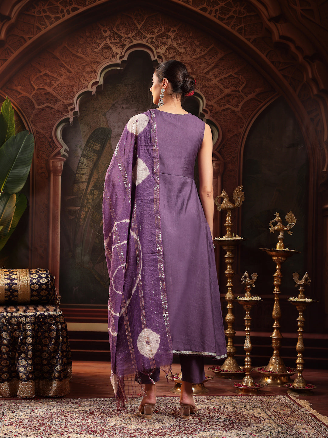 Purple Solid & Embroidered Silk Blend A-Line Kurta Pant Dupatta Set