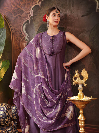 Purple Solid & Embroidered Silk Blend A-Line Kurta Pant Dupatta Set