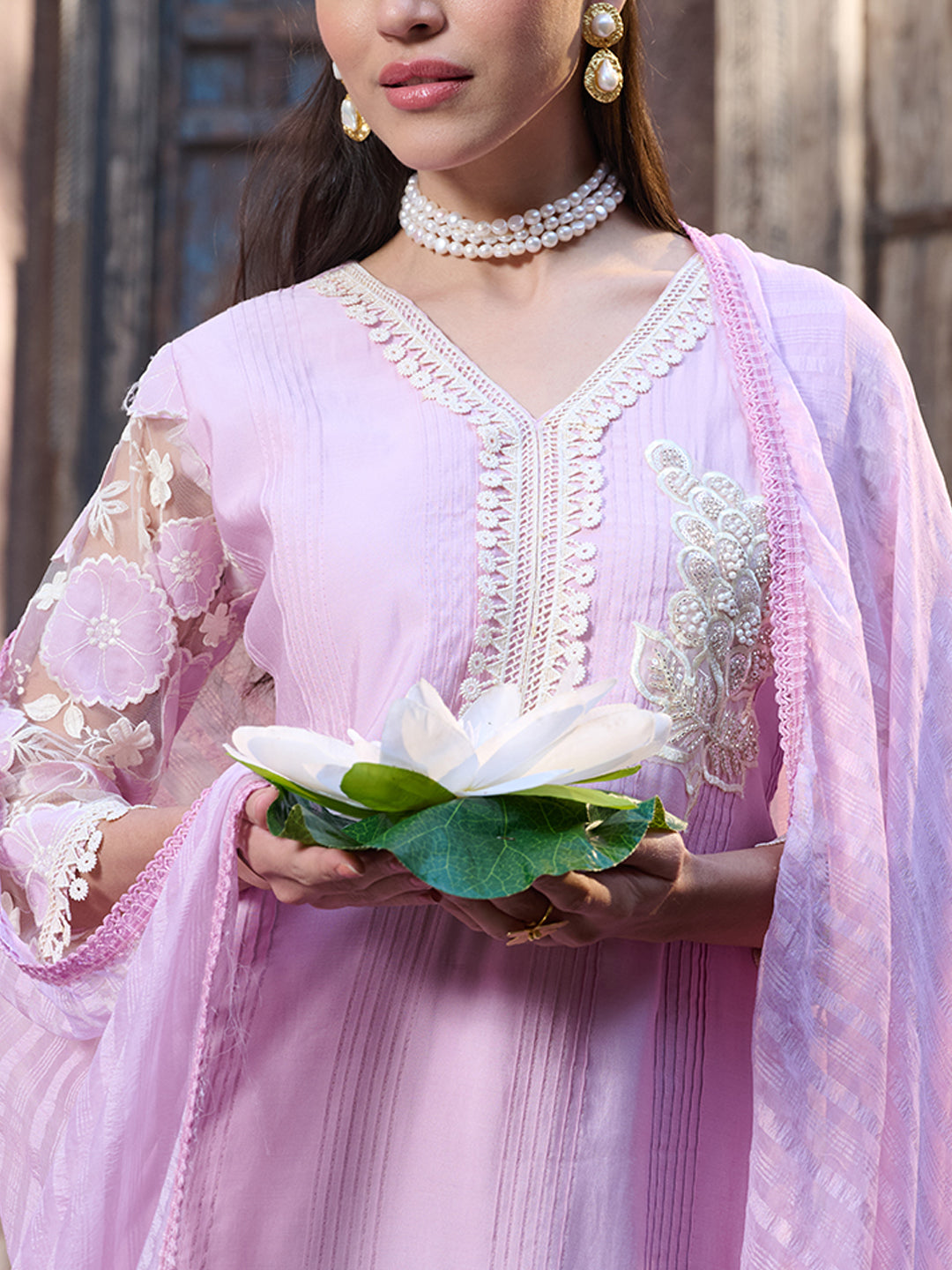 Purple Solid &amp; Embroidered Silk Straight Kurta Pant Dupatta Set