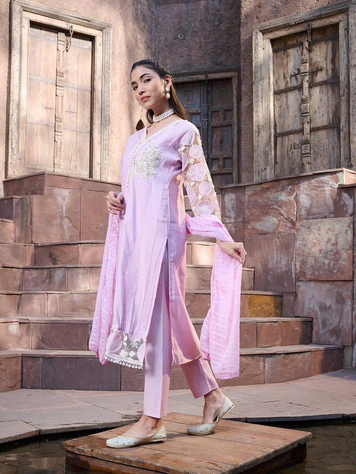 Purple Solid &amp; Embroidered Silk Straight Kurta Pant Dupatta Set