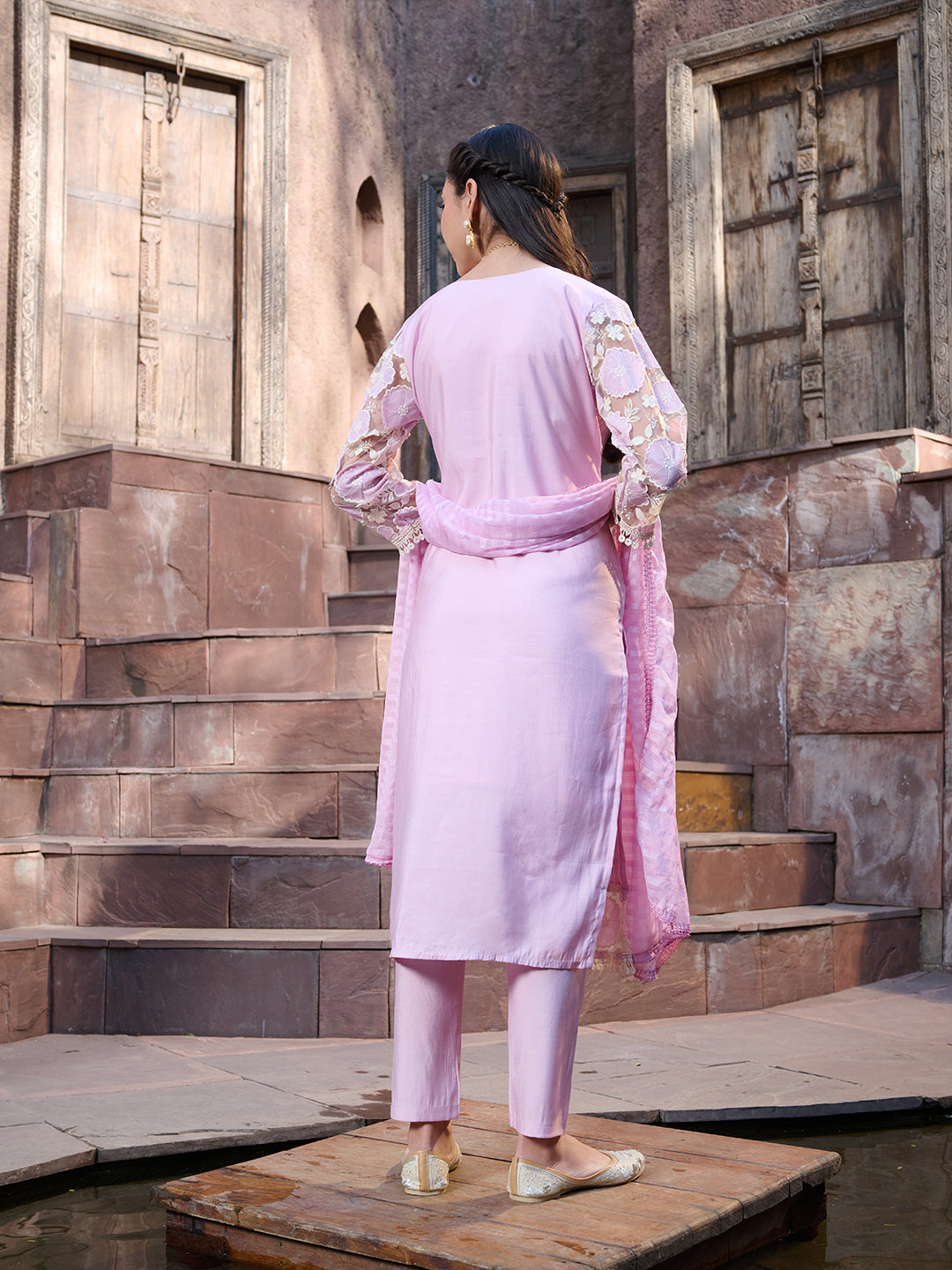 Purple Solid &amp; Embroidered Silk Straight Kurta Pant Dupatta Set