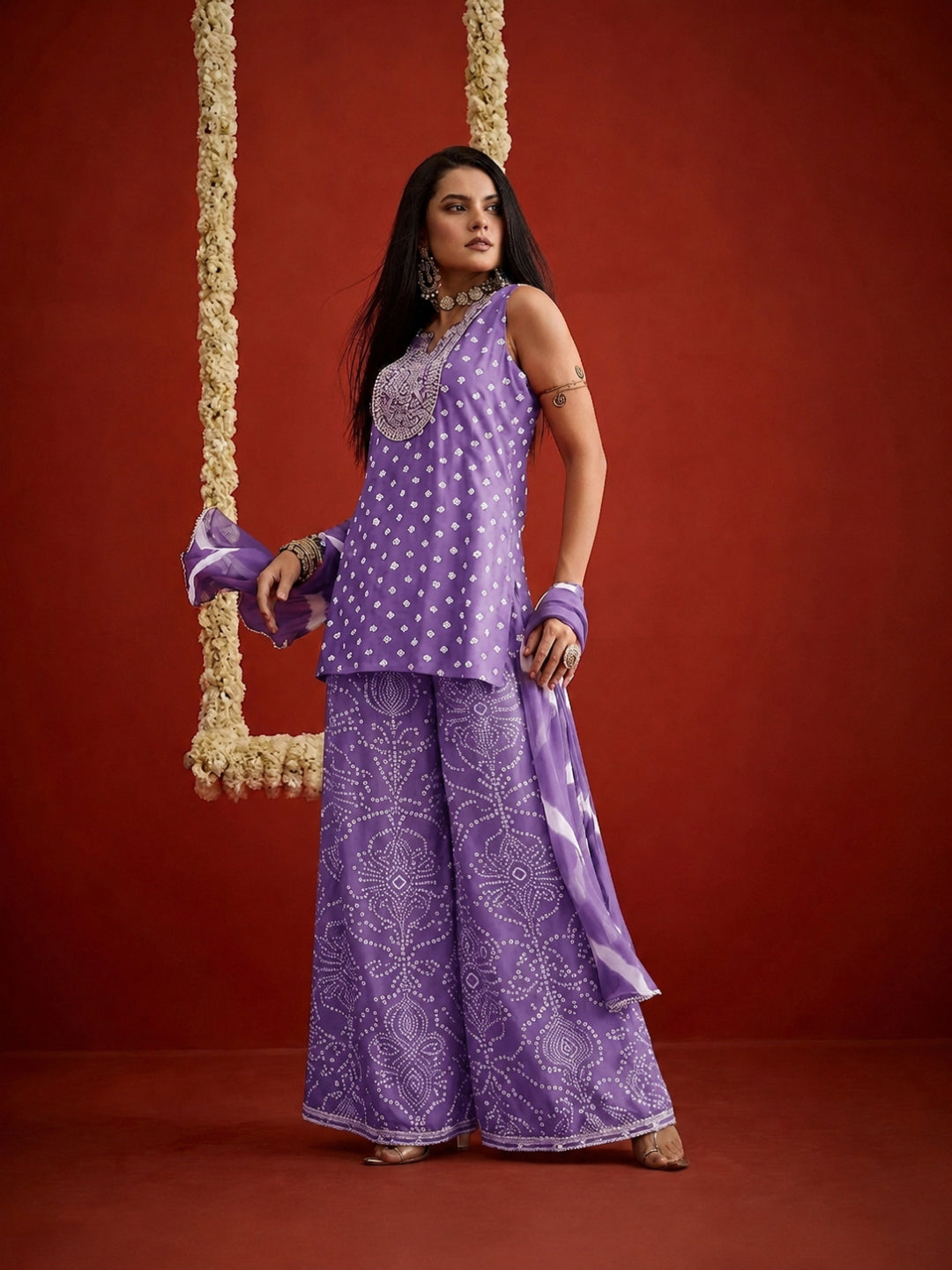 Bandhej Printed &amp; Embroidered Rayon Straight Short Kurti Palazzo Dupatta Set
