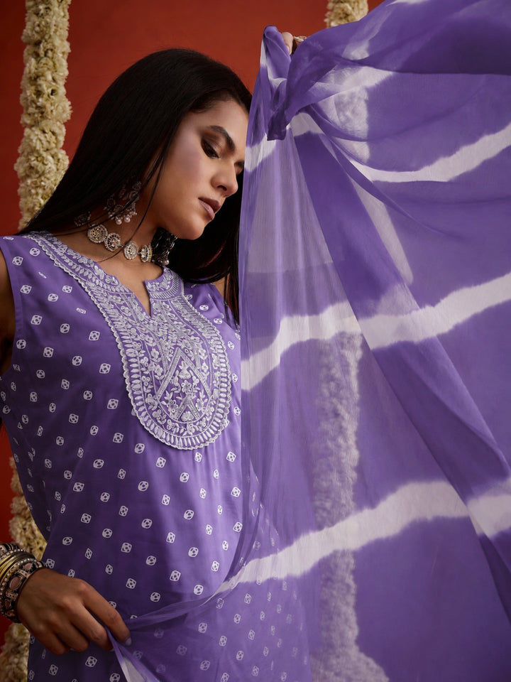 Bandhej Printed &amp; Embroidered Rayon Straight Short Kurti Palazzo Dupatta Set