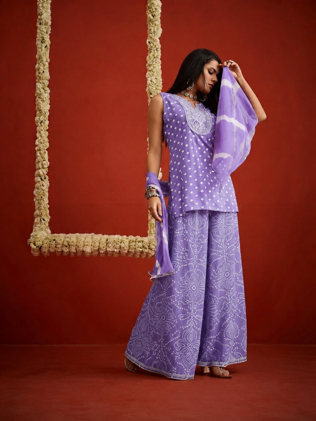 Bandhej Printed &amp; Embroidered Rayon Straight Short Kurti Palazzo Dupatta Set