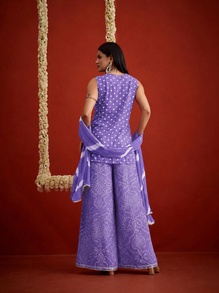 Bandhej Printed &amp; Embroidered Rayon Straight Short Kurti Palazzo Dupatta Set