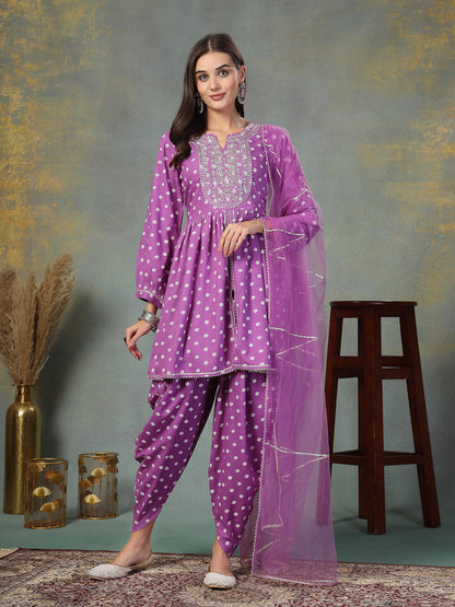 Purple Bandhani Printed & Embroidered Rayon Pleated Kurti with Dhoti Pant & Dupatta Set