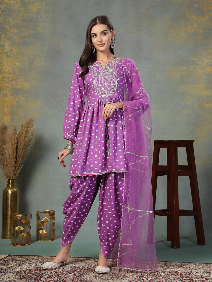 Purple Bandhani Printed &amp; Embroidered Rayon Pleated Kurti with Dhoti Pant &amp; Dupatta Set